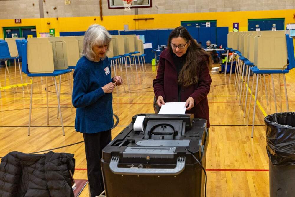 Voting was slow Tuesday morning at the Groton Dunstable Middle School in Groton as Gail Lyons casts her ballot. (Jesse Costa/WBUR)