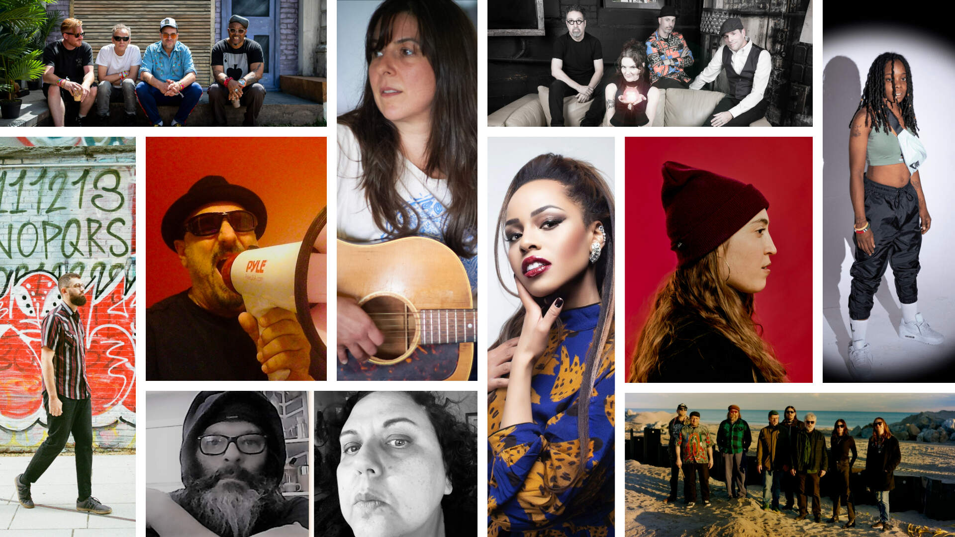 Top left to right: Black Kat Boppers (Courtesy James Newell); Lisa Bastoni (Courtesy Thomas Lingner); Jennifer Tefft & The Strange (Courtesy John Parrillo); DJ WhySham (OJ Slaughter for WBUR). Center, from left: The Amplifier Heads (Courtesy); Alisa Amador (Courtesy Sasha Pedro). Bottom left to right: Nate Sabat (Courtesy Jules Miranda); Canyons and Locusts (Courtesy); Lauren Henderson (Courtesy Elisabetta Fernanda Cartiere); Sunburned Hand of the Man (Courtesy Arkan Zakharov).