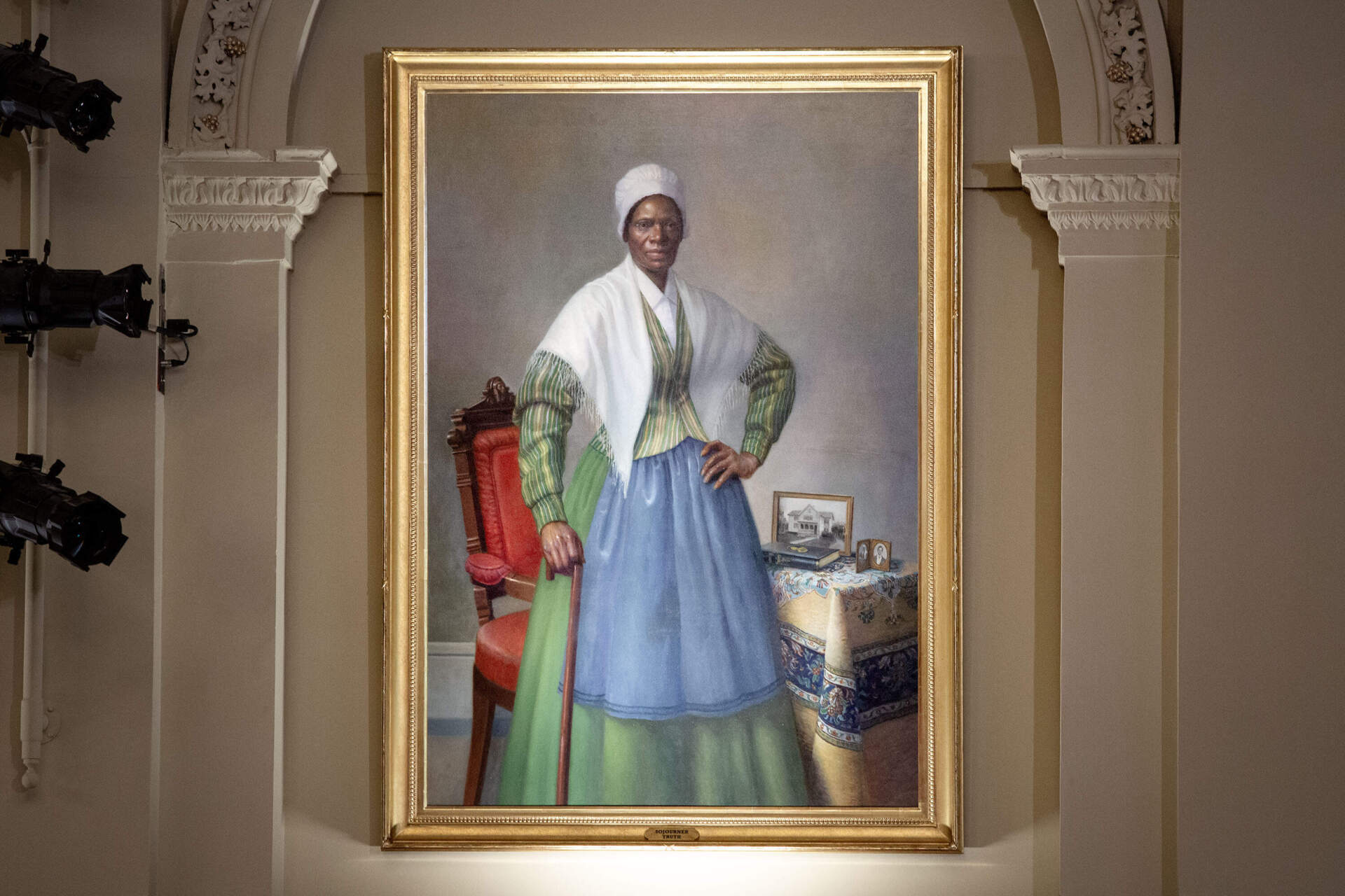Artist Manu Saluja's portrait of Sojourner Truth at Mechanics Hall in Worcester. (Robin Lubbock/WBUR)