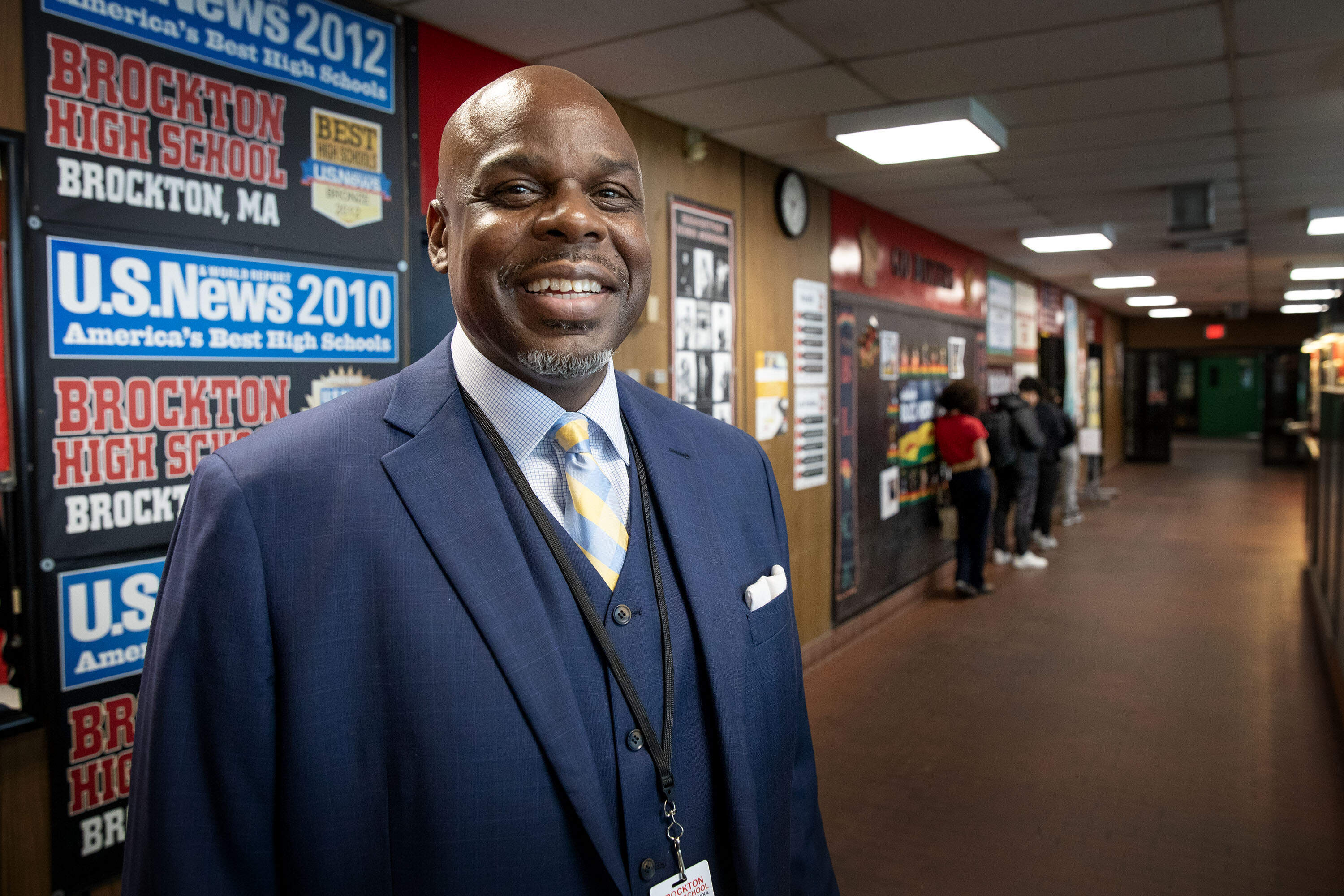 Brockton High Principal Kevin McCaskill stands in a hallway at the school. (Robin Lubbock/WBUR)