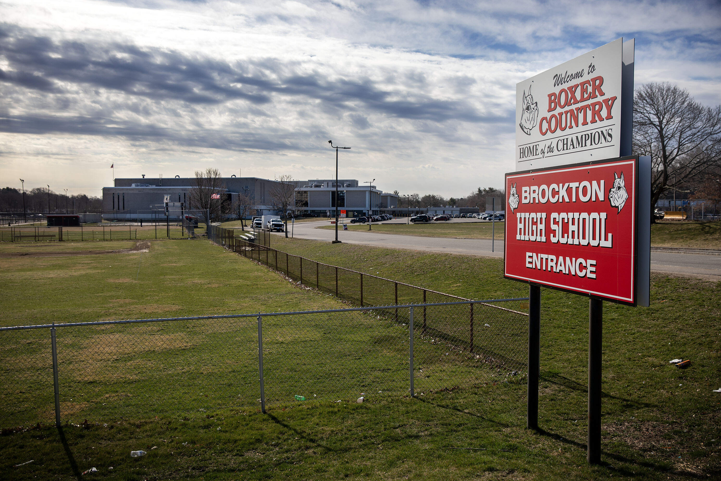 The Brockton High School entrance on Belmont Street. (Robin Lubbock/WBUR)