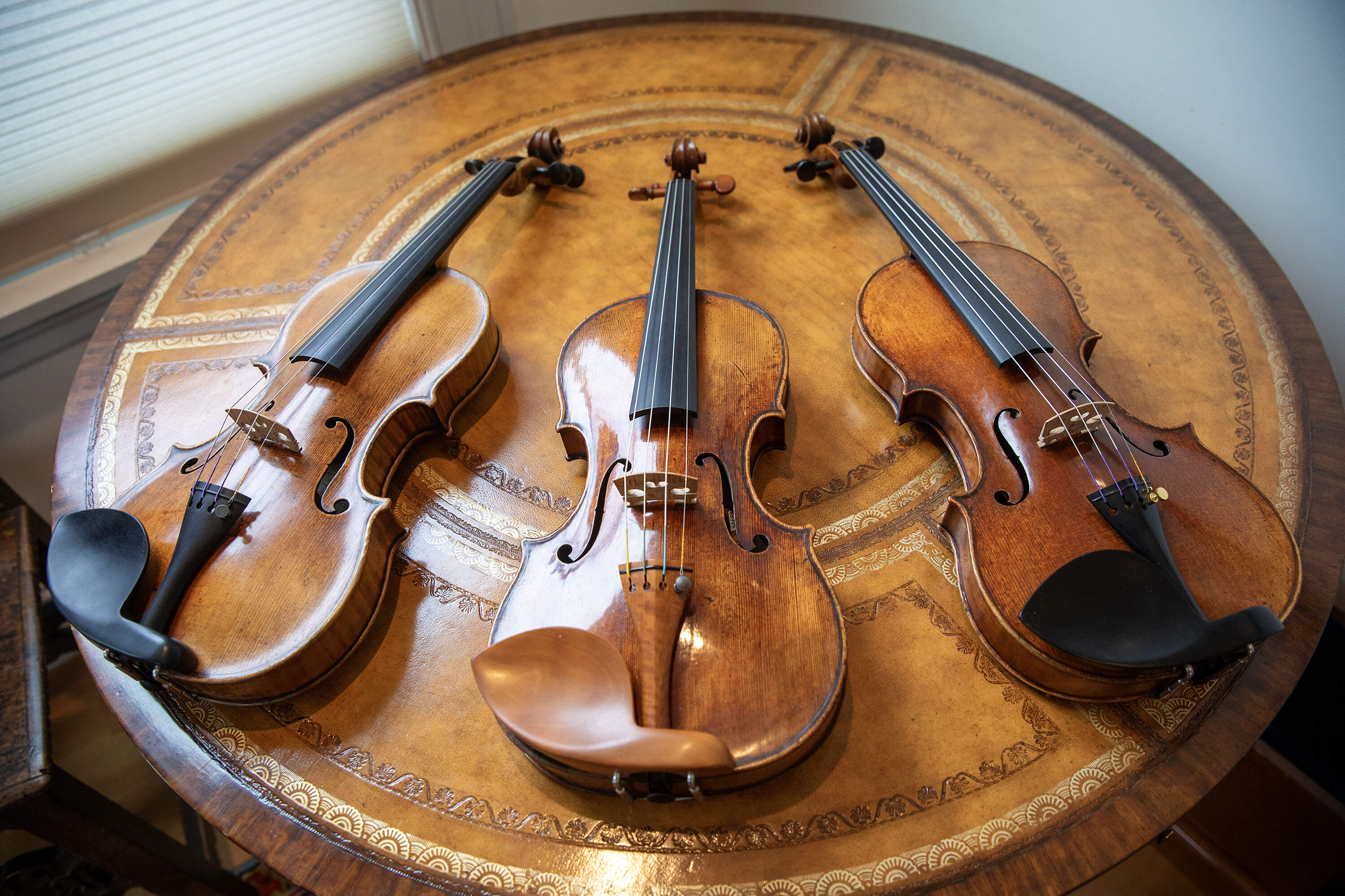 Three violins, two Carlo Bergonzis and a Giovanni Battista Guadagnini, wait to be tried out by musicians from A Far Cry at Reuning &amp; Son. (Robin Lubbock/WBUR)