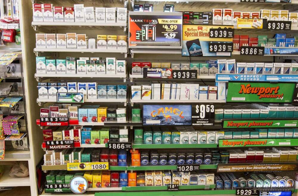 This 2016 photo shows cigarettes for sale at a Massachusetts convenience store. (Joe Difazio/WBUR)