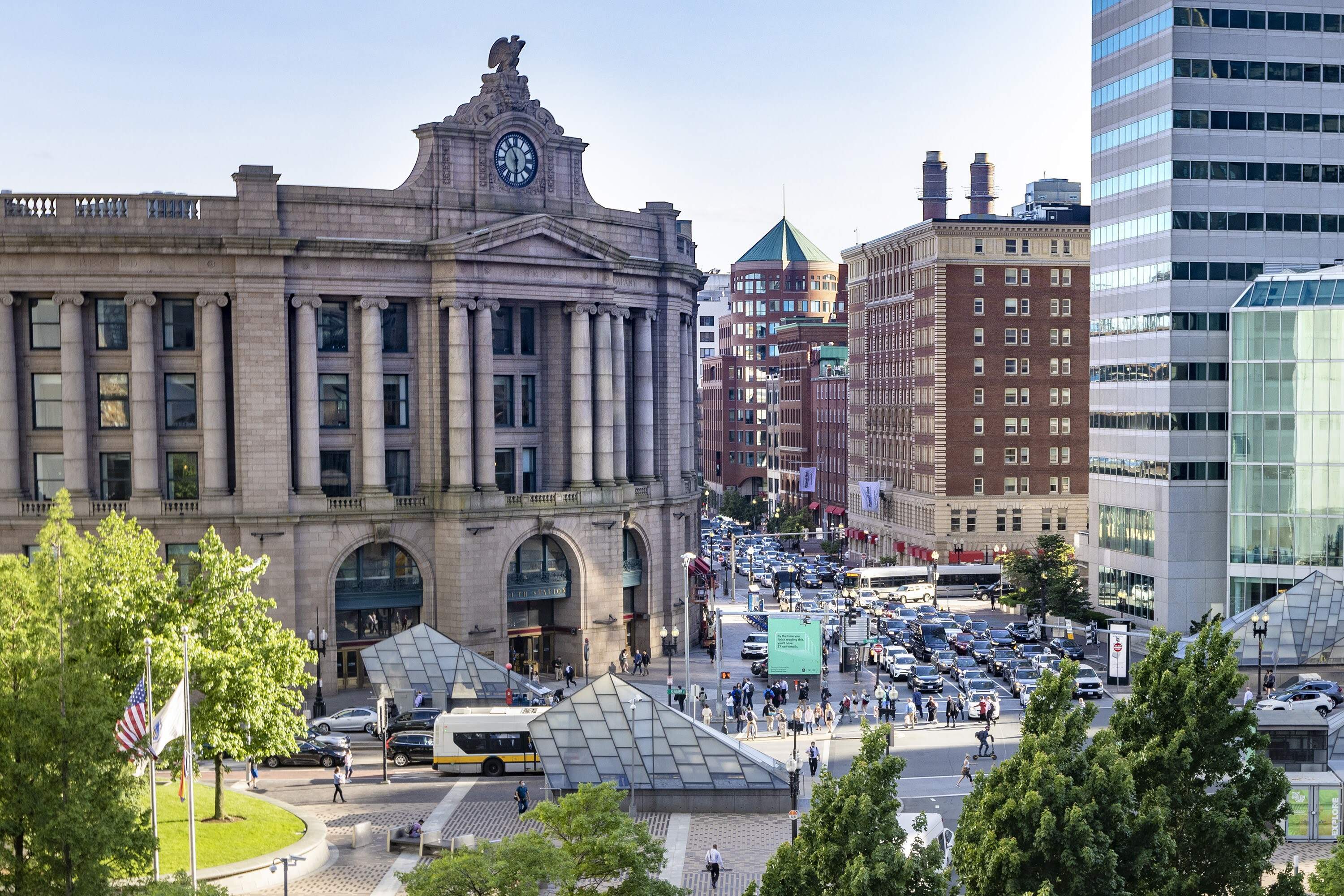 A bustling South Station and Dewey Square. (Jesse Costa/WBUR)