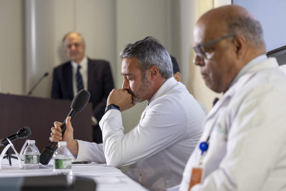 Dr. Winfred Williams, right, and Dr. Leonardo Riella who teared up describing the work that went into the first-ever pig kidney transplanted into a living human. (Courtesy Mass General Hospital)