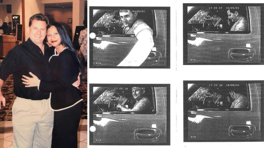 Brad and Sophia Johnson (left) married in 2001. (Photo courtesy of Sophia Johnson). Photos of them together depositing checks at a drive-up ATM (right) are included in the Marlyne Johnson homicide investigation case file. (Photo Courtesy of Clark County Sheriff's Office).
