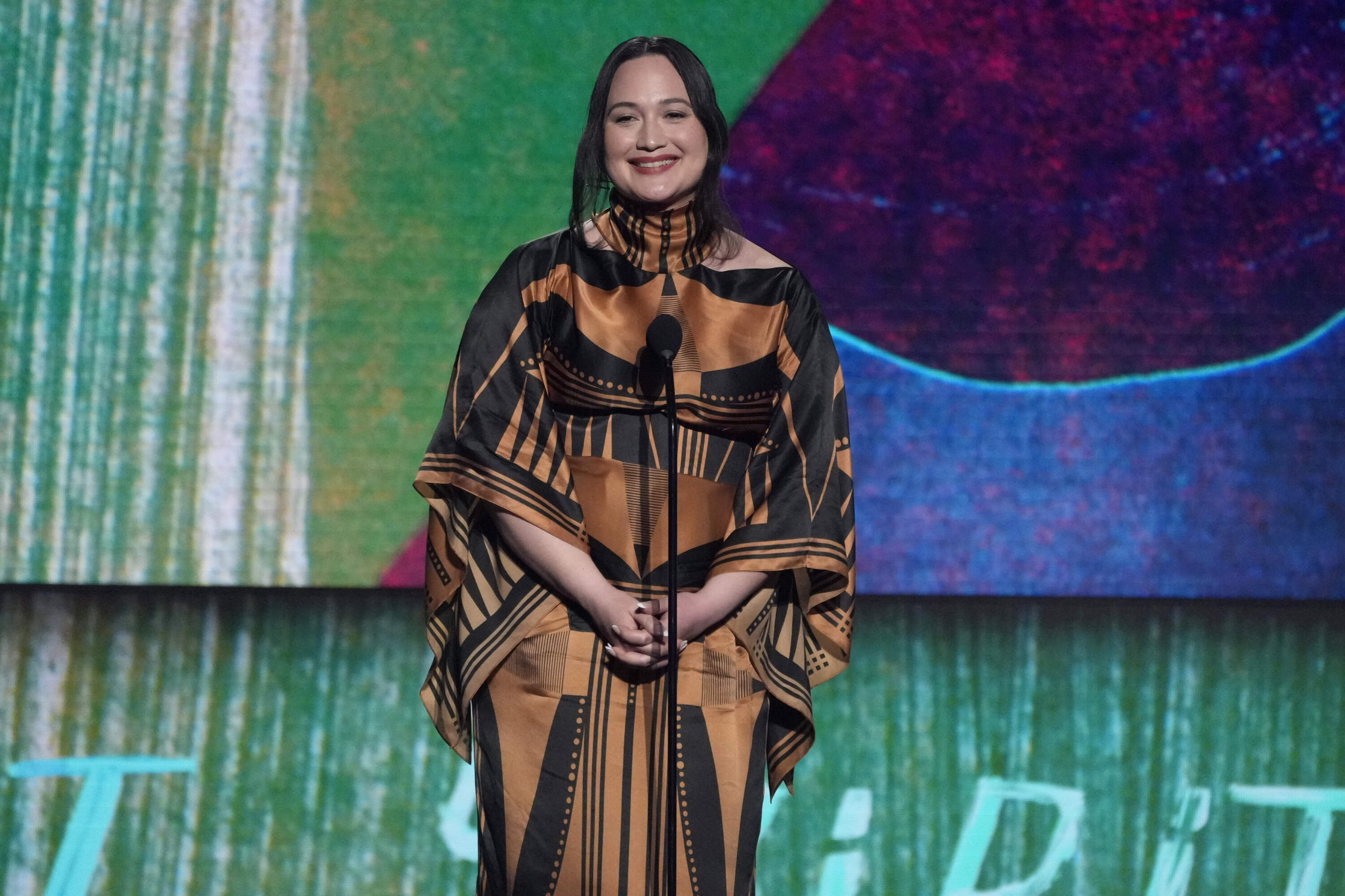 Lily Gladstone presents the Robert Altman award during the Film Independent Spirit Awards. If she wins the Oscar for Best Actress, she'll be the first Native American woman to win. (Chris Pizzello/AP)