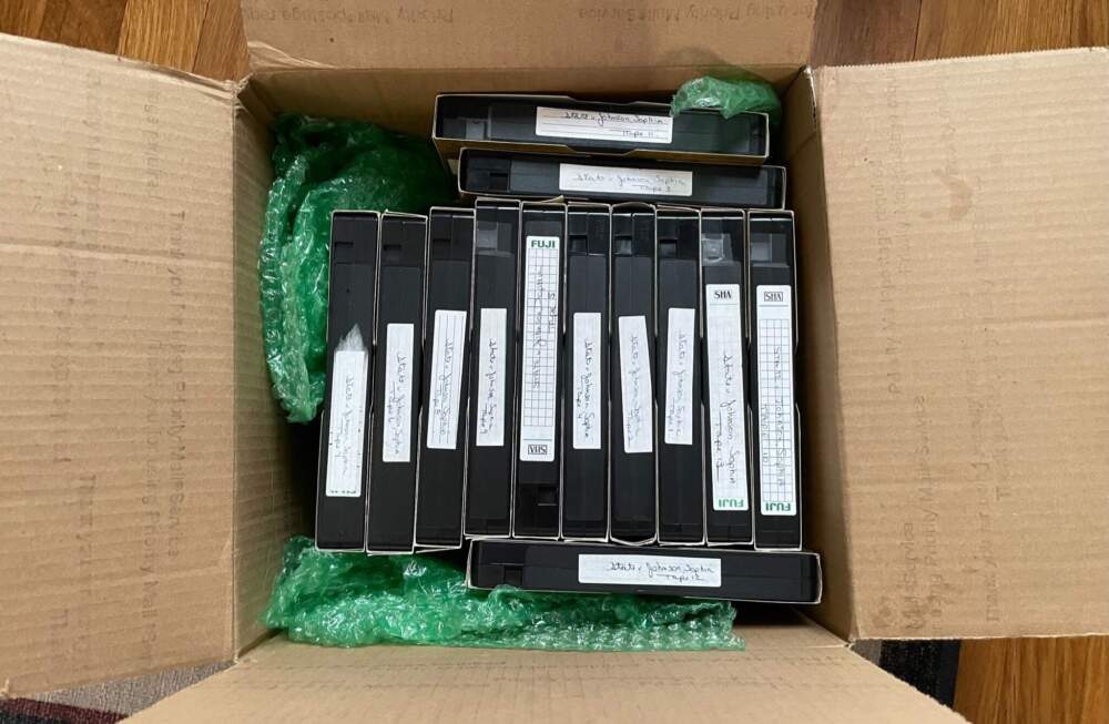 Reporter Amory Sivertson received a box of VHS tapes in 2021, the video footage of Sophia's 2003 murder trial. (Courtesy of Amory Sivertson)