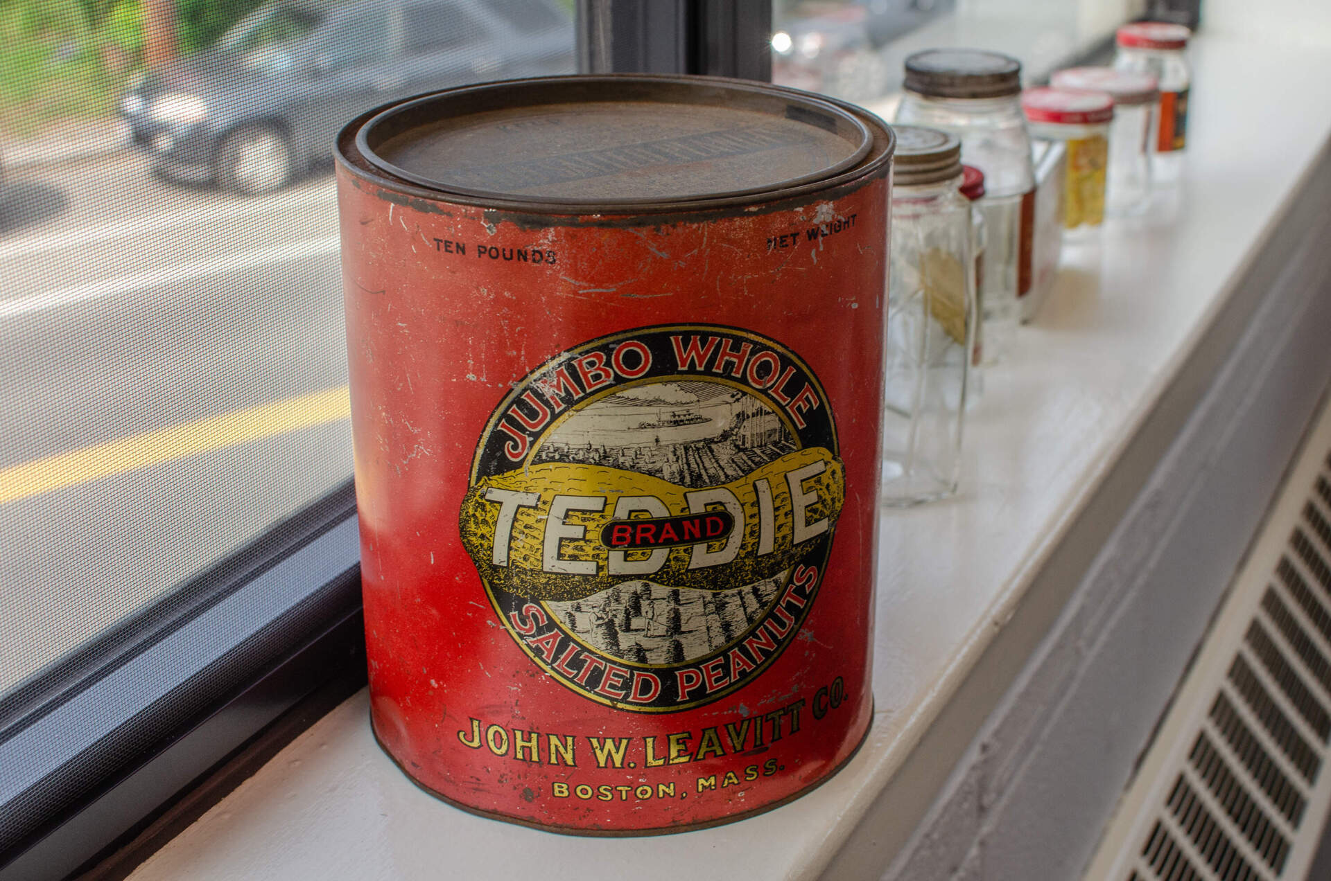 A container for Teddie salted peanuts, circa 1937, in the early days of the nearly-century-old company (Sharon Brody/WBUR)