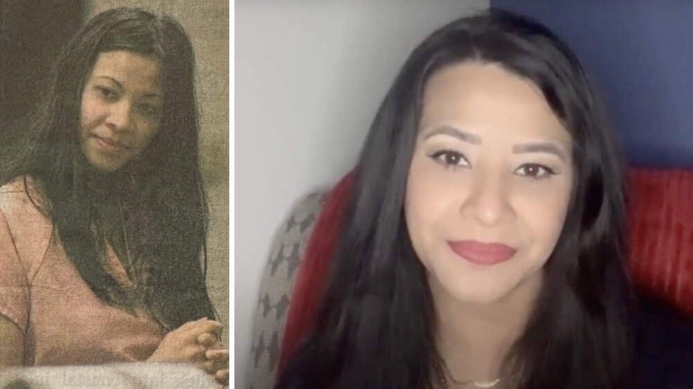 Sophia Johnson appears in Clark County Superior Court on a first-degree murder charge in 2002 (left). (Photo courtesy of Detective Rick Buckner's scrap book via The Columbian). Sophia Johnson poses during a video recording in 2021 (right).