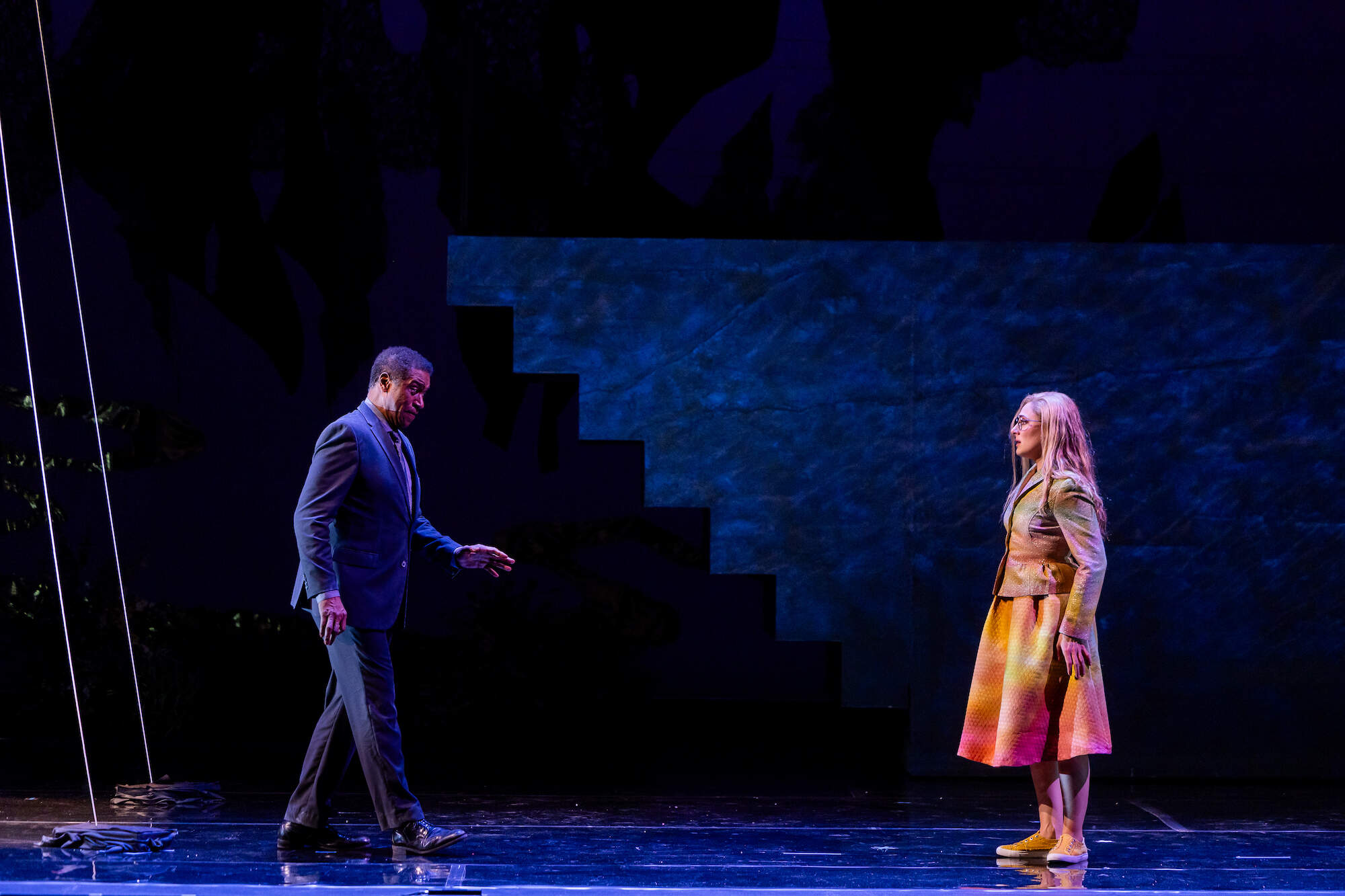 Father (Mark S. Doss) encourages Eurydice (Sydney Mancasola) to make the journey back to the living world. (Courtesy Nile Scott Studios)
