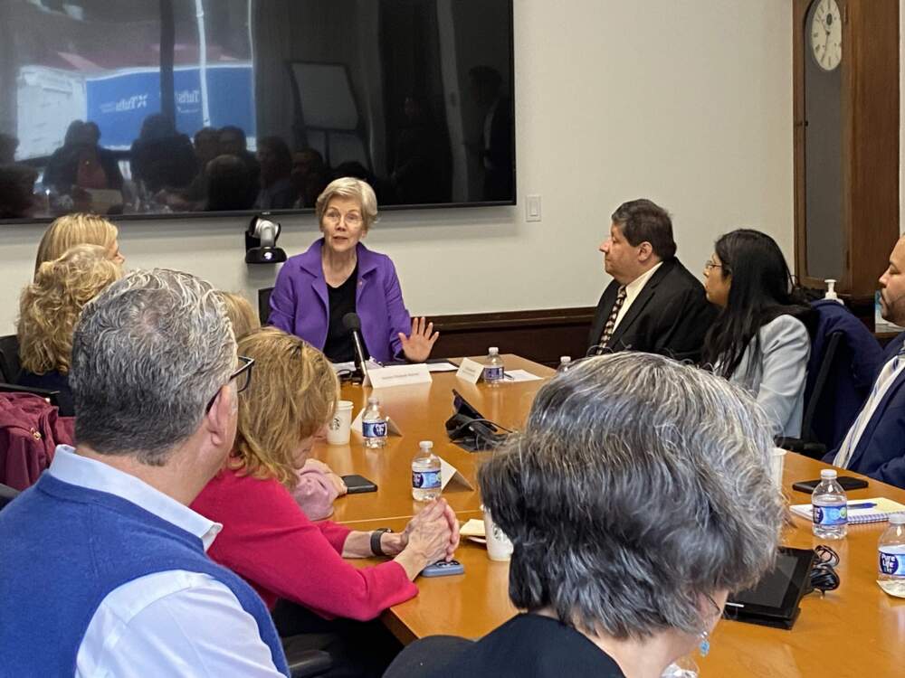 U.S. Sen. Elizabeth Warren meets with health care providers in Boston to discuss their their experience with Medicare Advantage health care plans. (Deborah Becker/WBUR)
