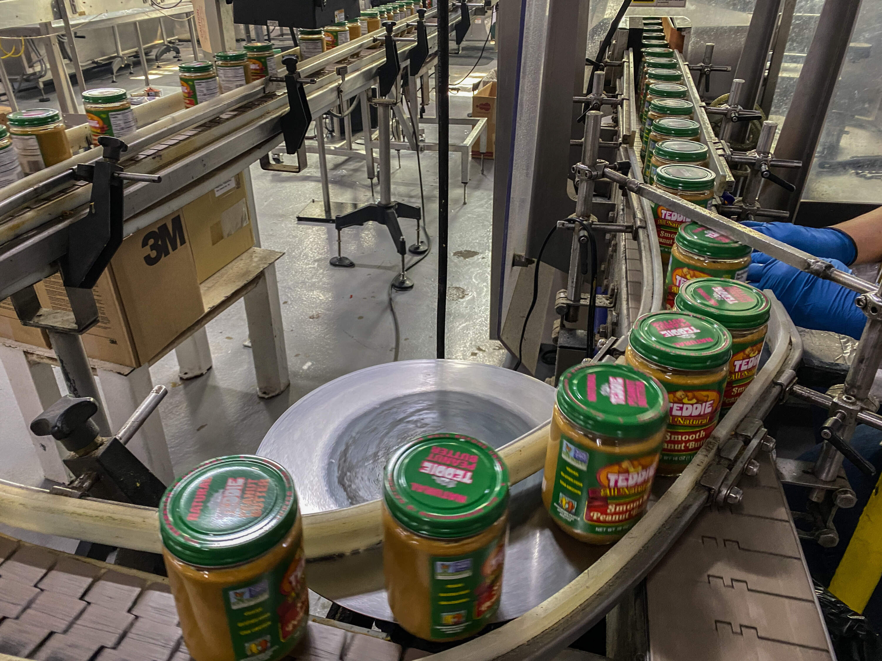 Teddie natural smooth peanut butter in glass jars continue their journey toward your sandwich. (Sharon Brody/WBUR)
