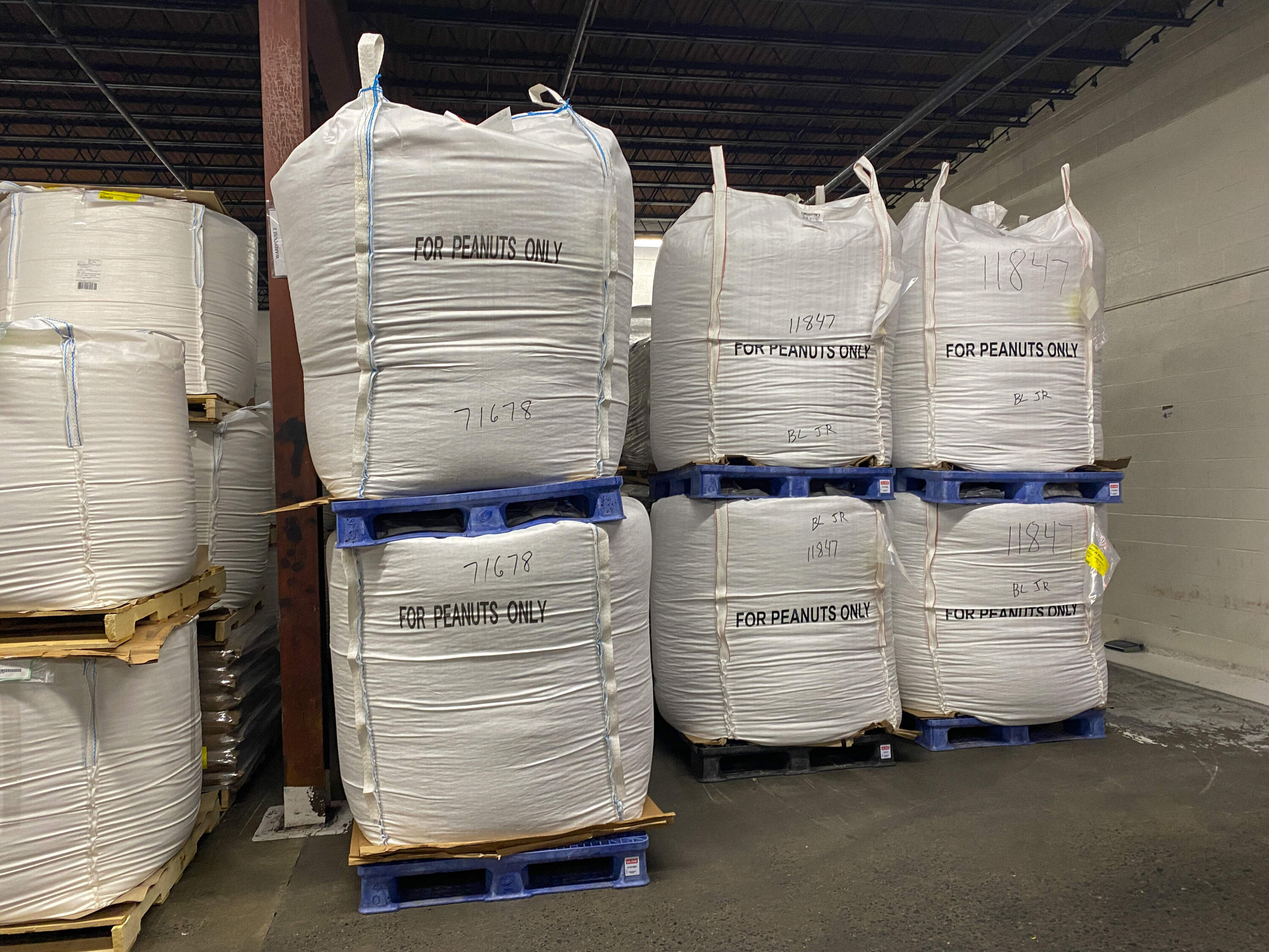 These 2,200-pound bags of peanuts await their peanut butter fate in the Teddie factory. (Sharon Brody/WBUR