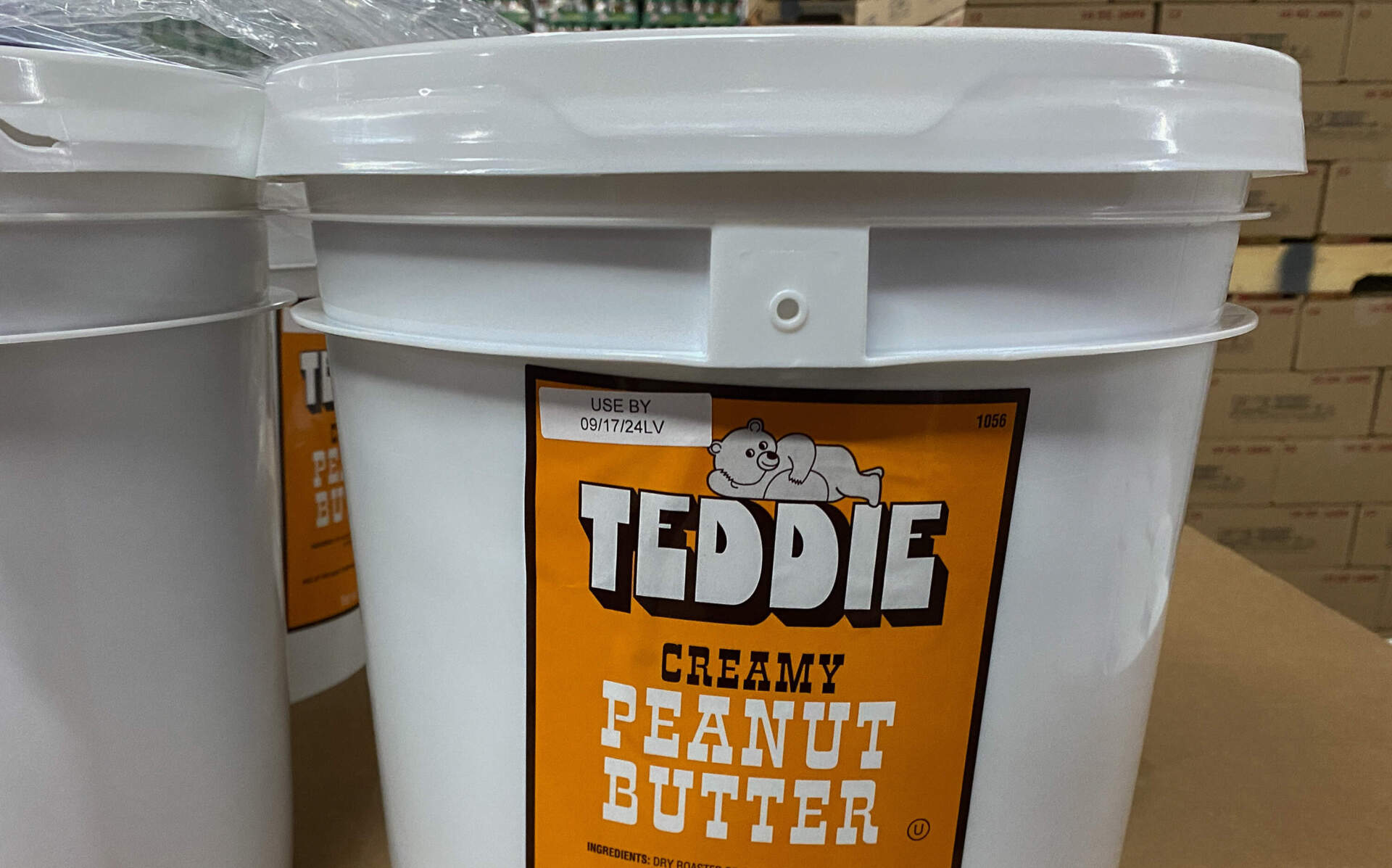 Buckets of peanut butter. (Sharon Brody/WBUR)