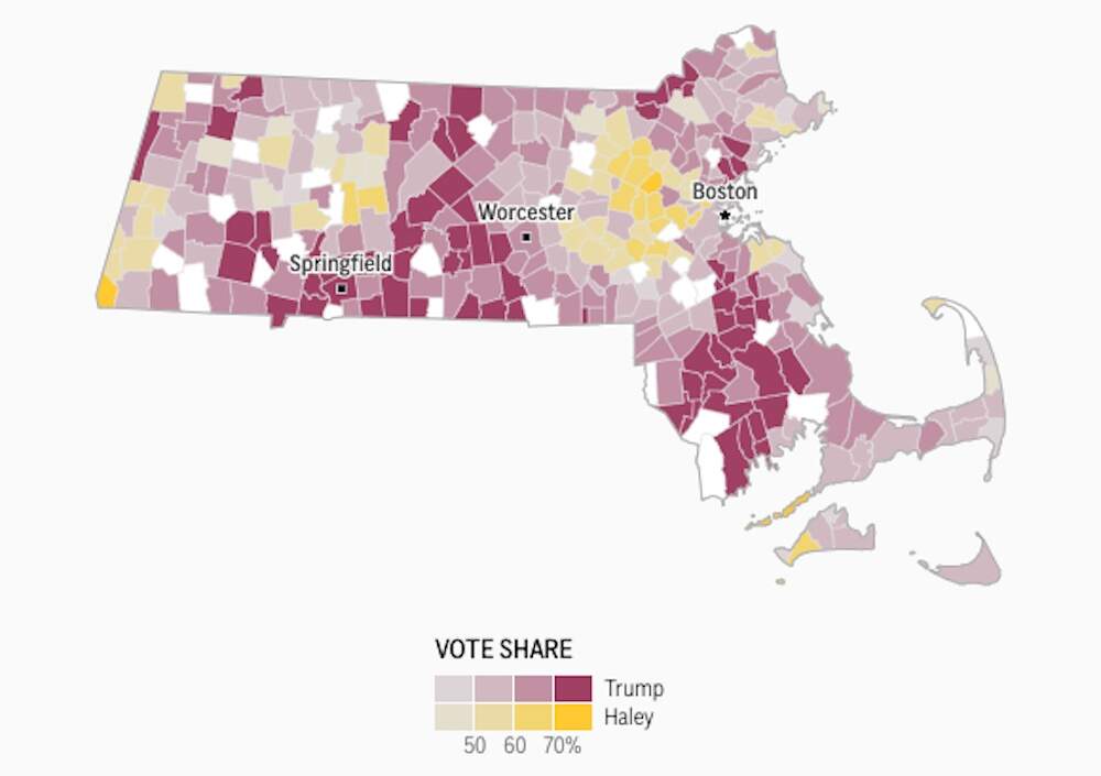 A town-by-town map of the Republican primary results in Massachusetts, with 81% of votes counted.
