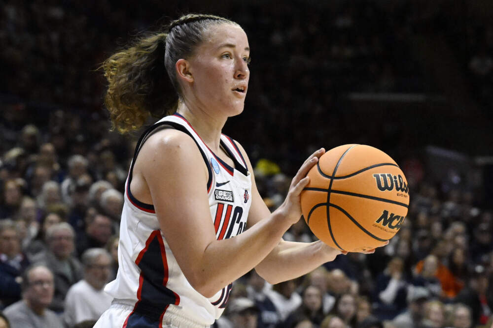 UConn guard Ashlynn Shade lines up a 3-point basket in the first half of a second-round college basketball game against Syracuse in the NCAA Tournament, Monday, March 25, 2024, in Storrs, Conn. (Jessica Hill/AP)