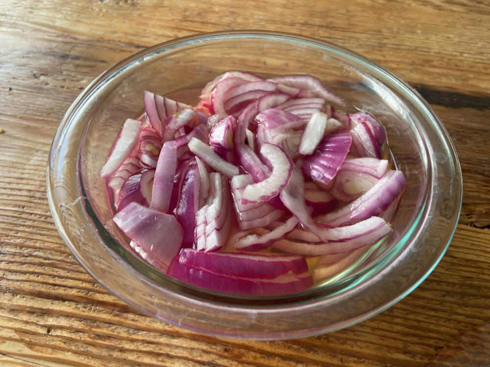 Pickled red onions. (Kathy Gunst/Here & Now)
