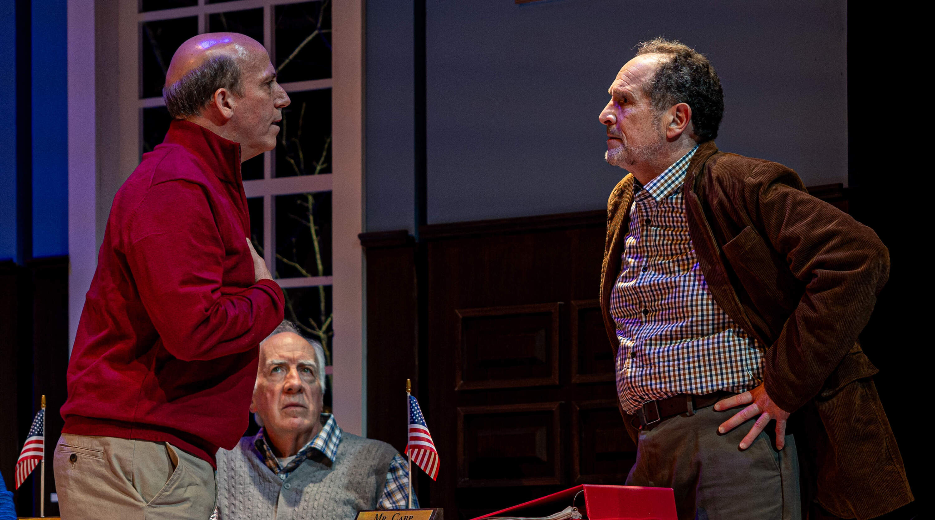 Jason Myatt, Richard Snee and Jeremiah Kissel in the Umbrella Stage Company production of "The Minutes." (Courtesy Jim Sabitus)