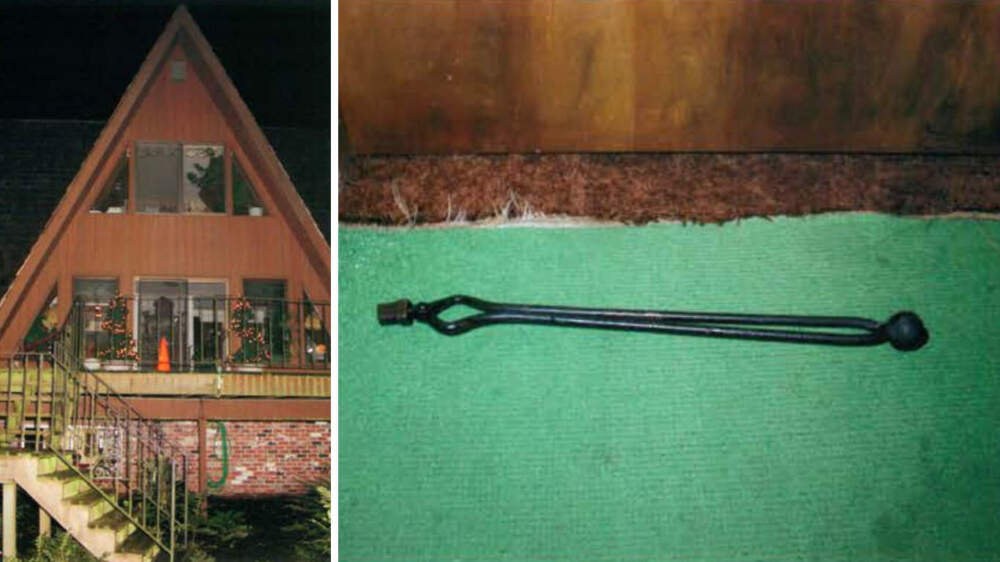 Crime scene photos of Marlyne and Richard Johnson's home (left) and the fireplace tongs determined to be the murder weapon (right). (Courtesy of Clark County Sheriff's Office)