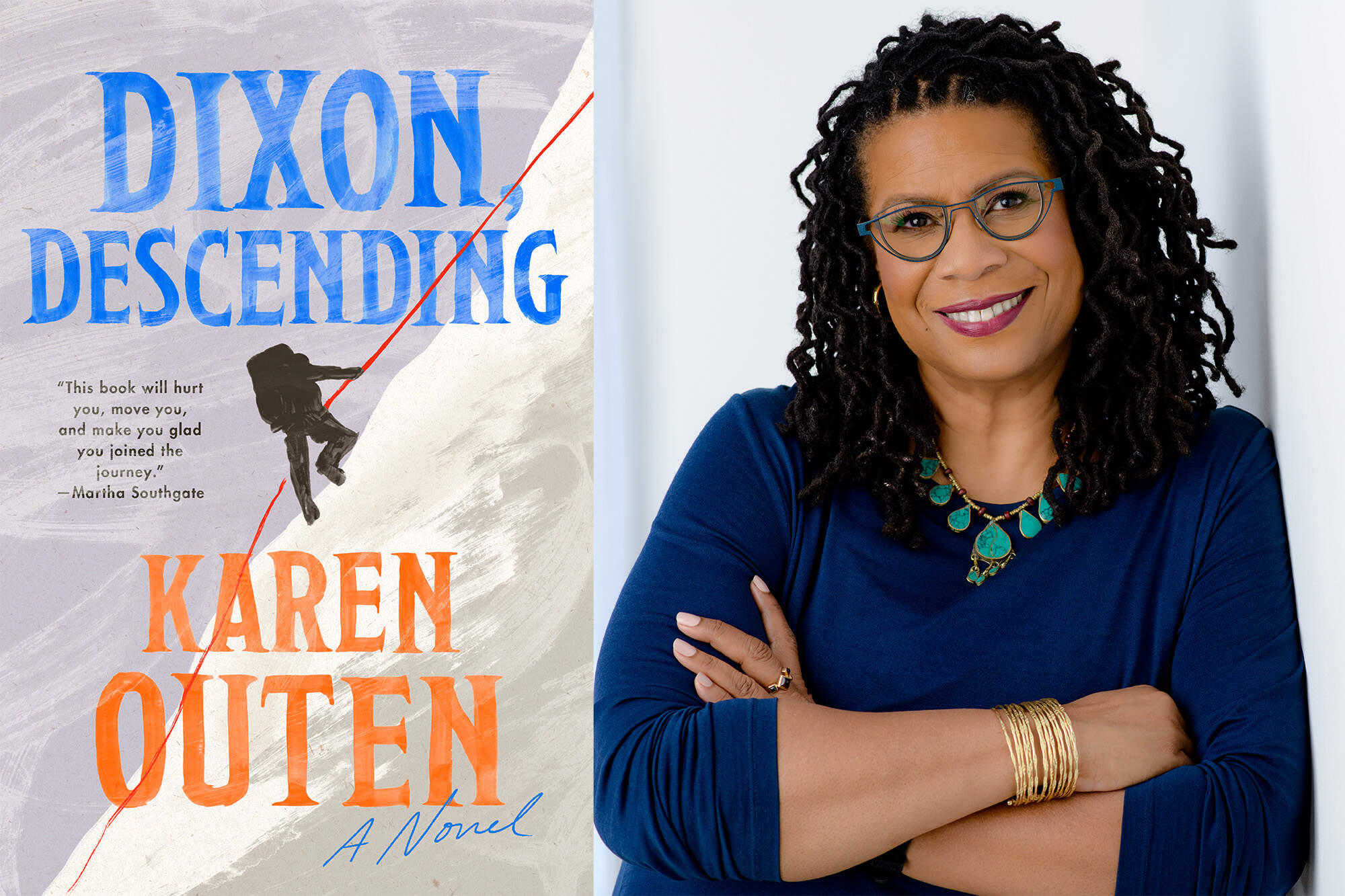 The cover of "Dixon Descending" and author Karen Outen. (Courtesy of Penguin Random House and Shala W. Graham)