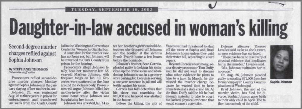 Sophia Johnson, Shane's older sister, was accused of murdering her mother-in-law, Marlyne Johnson, in Clark County, Washington. (The Columbian, Sept. 10, 2002)