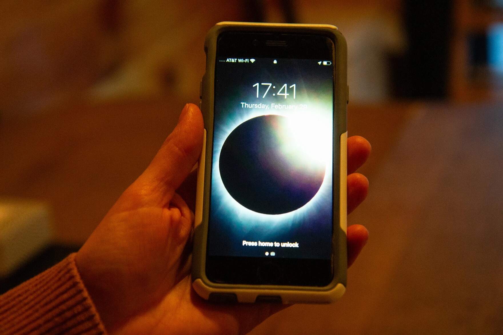 Leigh Falzone says she's had this photo of a total solar eclipse as her phone wallpaper since 2017, when she started going down the internet rabbit hole about what it was like to experience totality. (Elodie Reed/Vermont Public)