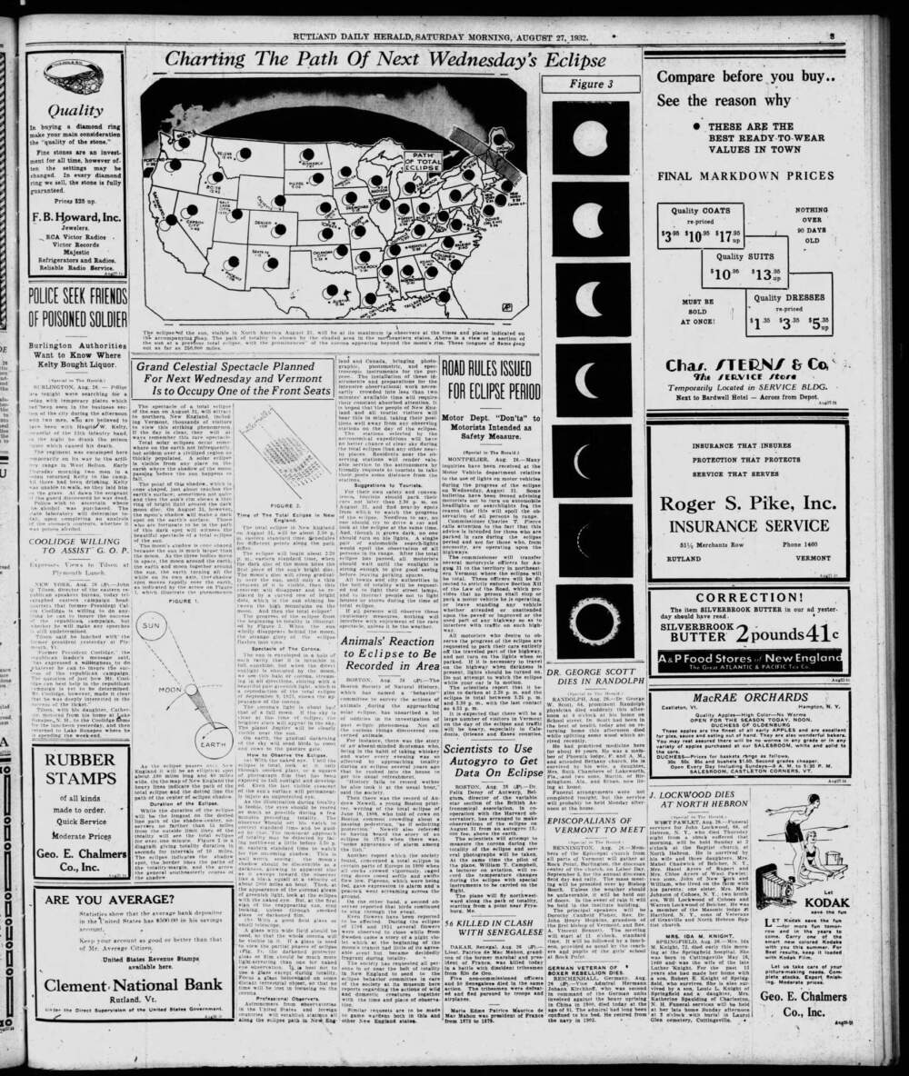 A page of the Rutland Daily Herald from August 1932 includes a map of the 1932 eclipse's path and several articles about watching it reach totality in Vermont. (Rutland Herald via Vermont Public)