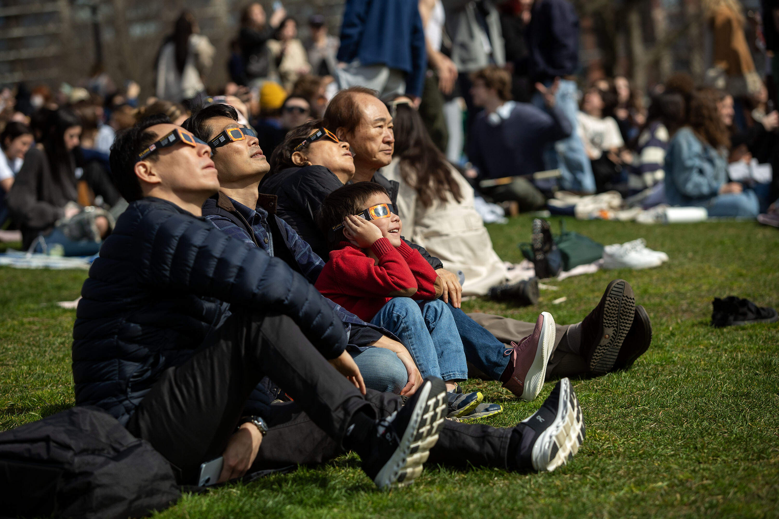 Eclipse watchers on Boston Common look up as the eclipse reaches its peak. (Robin Lubbock/WBUR)