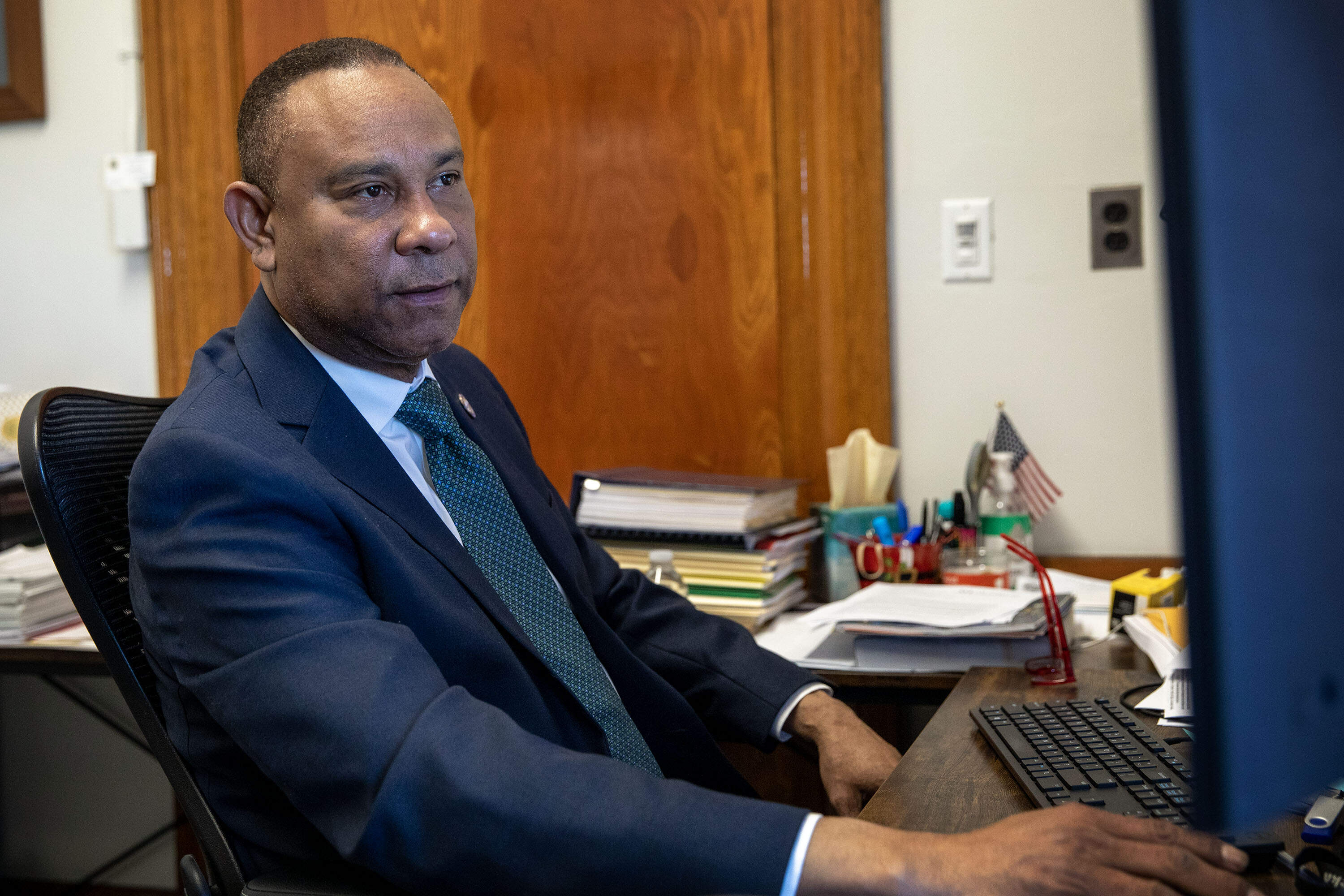 Octavien Spanner, senior advisor to the mayor of Lawrence, at his office in City Hall. (Robin Lubbock/WBUR)
