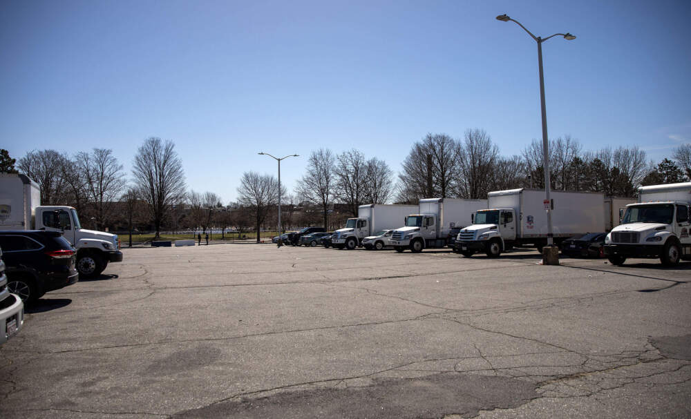 Vehicles parked in the Pemberton Park parking lot in Lawrence. (Robin Lubbock/WBUR)