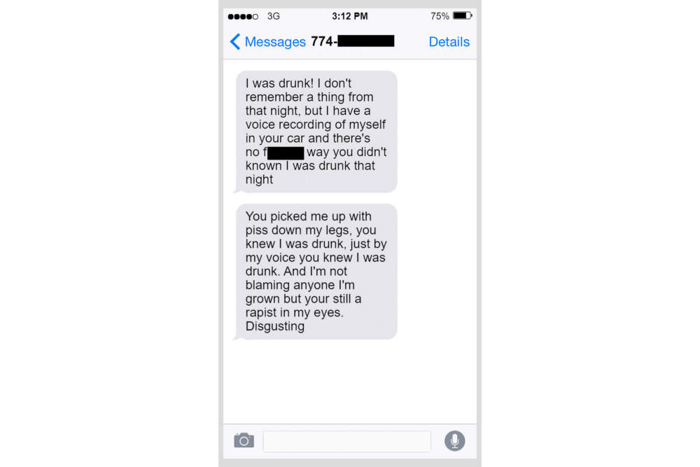 An illustration of texts sent by one of Alvin Campbell's accusers to his cell phone, as detailed in a search warrant affidavit. Campbell denied he raped her in text responses, the affidavit states. (Redactions by WBUR; illustration created with ifake text message)