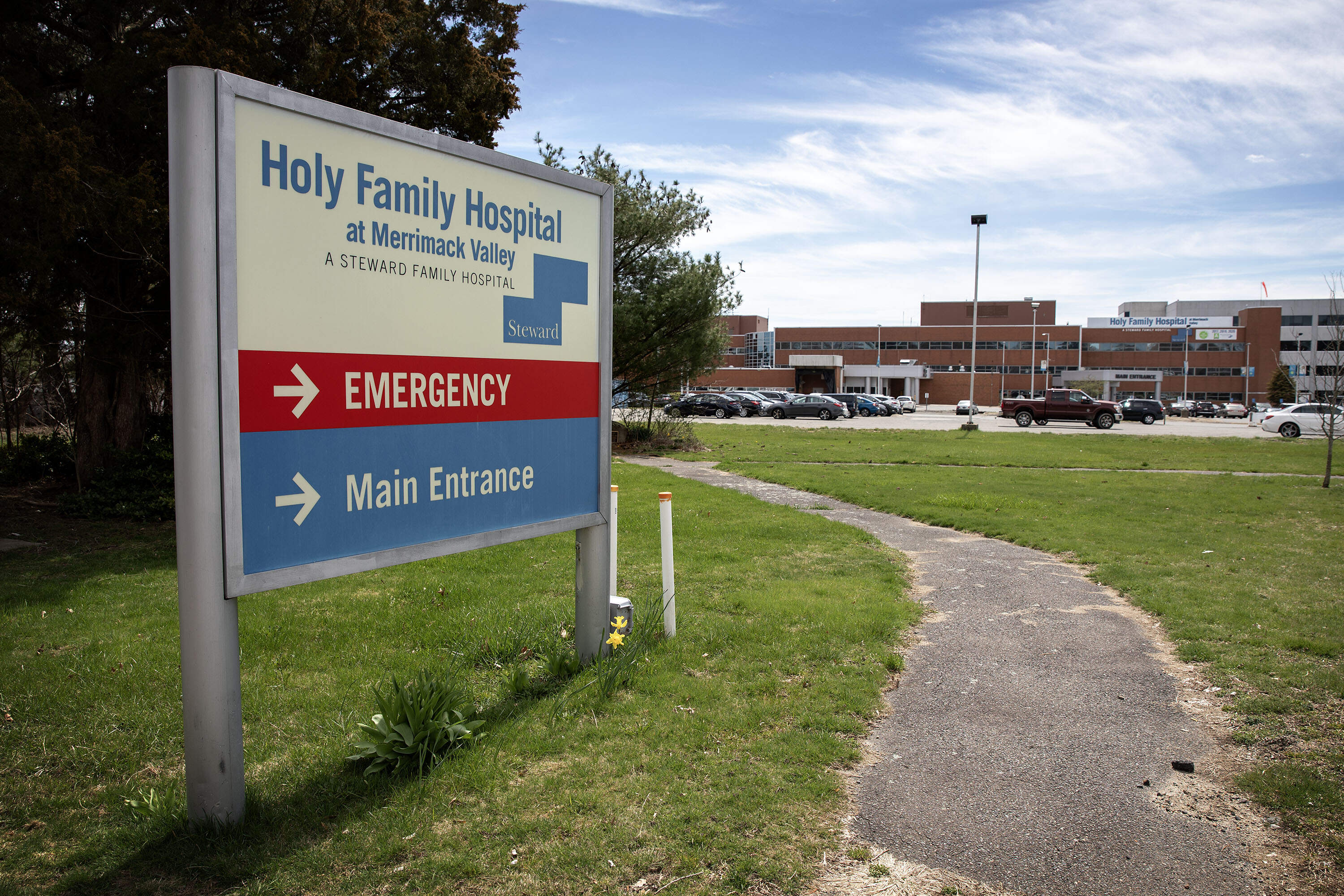 A sign at Holy Family Hospital, a Steward hospital in Haverhill, Mass. (Robin Lubbock/WBUR)
