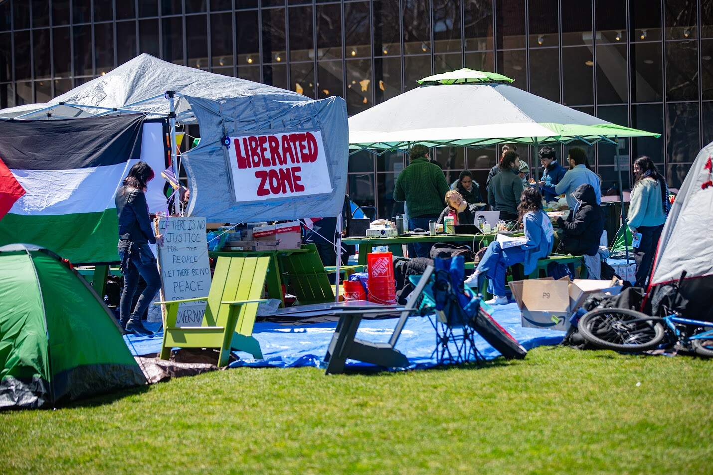 Students gathered in an encampment on Kresge Lawn at MIT to stand with other students at other colleges and universities to protest the Israel Hamas War. (Jesse Costa/WBUR)