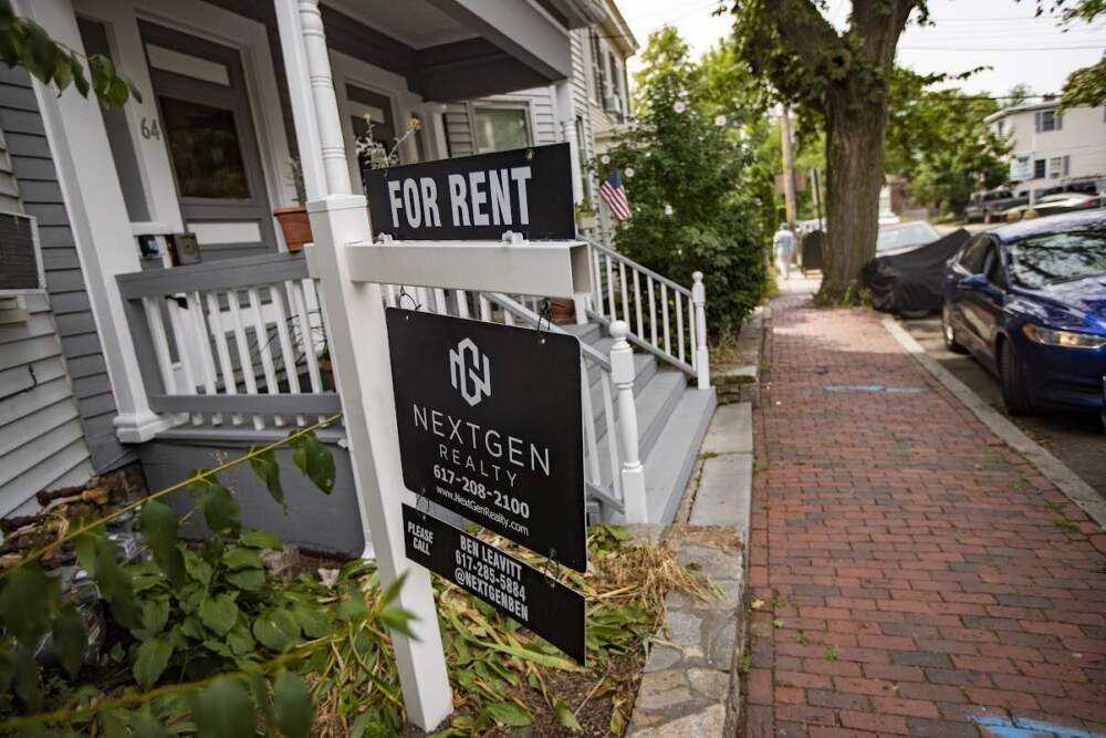 A “For Rent” sign outside the front of a house in Cambridge. (Jesse Costa/WBUR)
