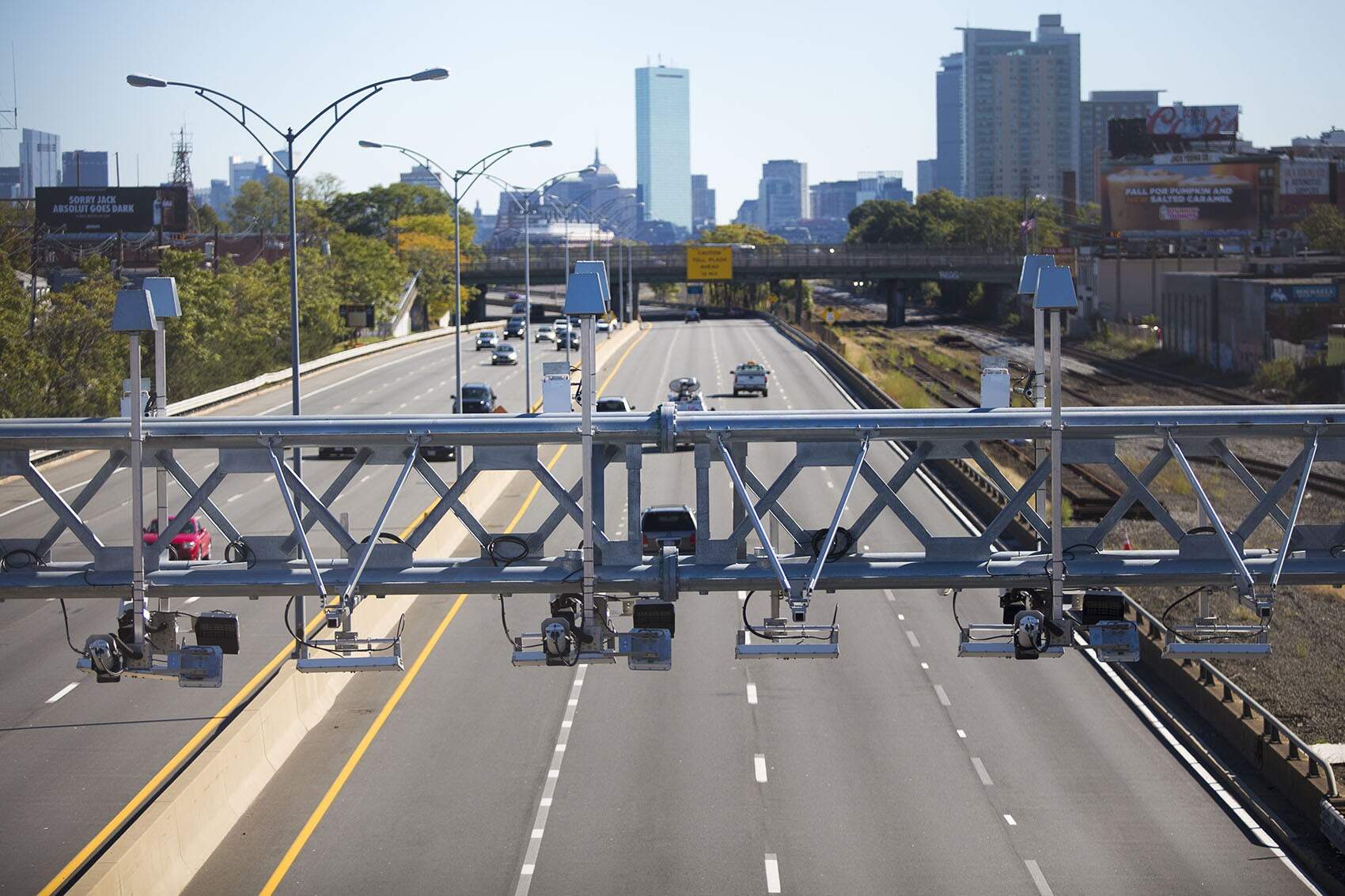 A toll gantry on the Mass. Pike located near Boston Landing. (Jesse Costa/WBUR)
