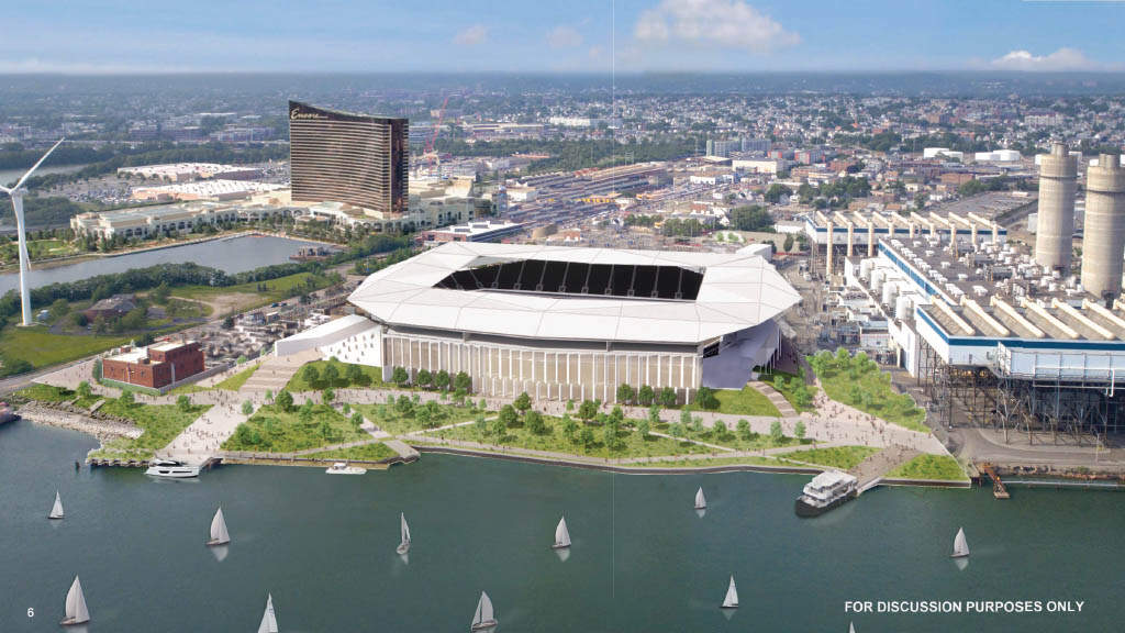 An artist's rendering of a potential Major League Soccer stadium in Everett, as envisioned by the Kraft Group, which hopes to build the facility. (Image courtesy of the Kraft Group)