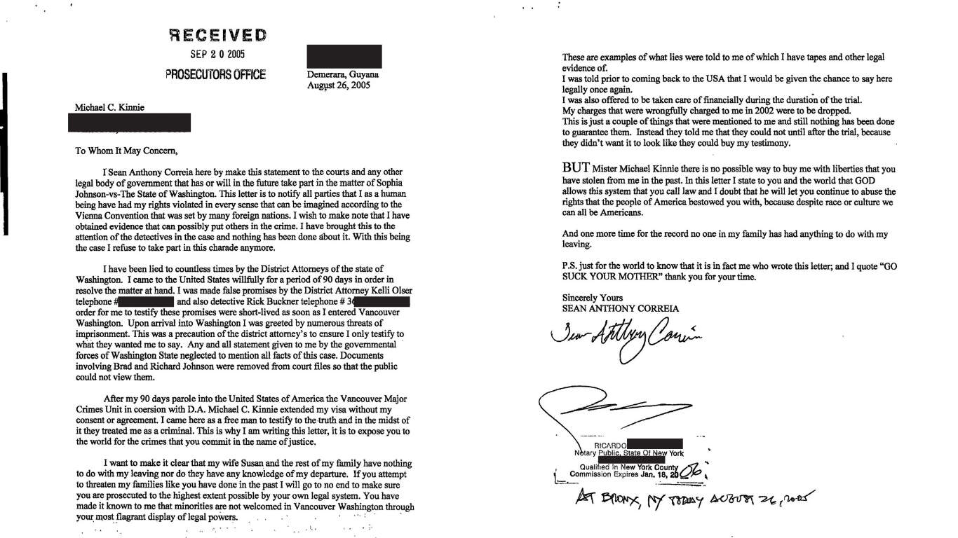 Sean Correia was brought back to the U.S. from Guyana in 2005 to testify in Sophia's second trial. He disappeared before the second trial began. Soon after, he wrote this letter to the prosecutor.