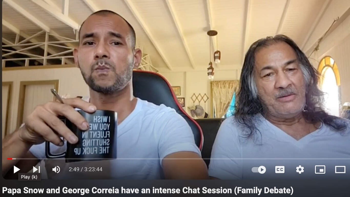 Online, he goes by "Papa Snow" and takes to social media to discuss a variety of topics, from cooking to religion to relationships. He is pictured here with his father, George.
