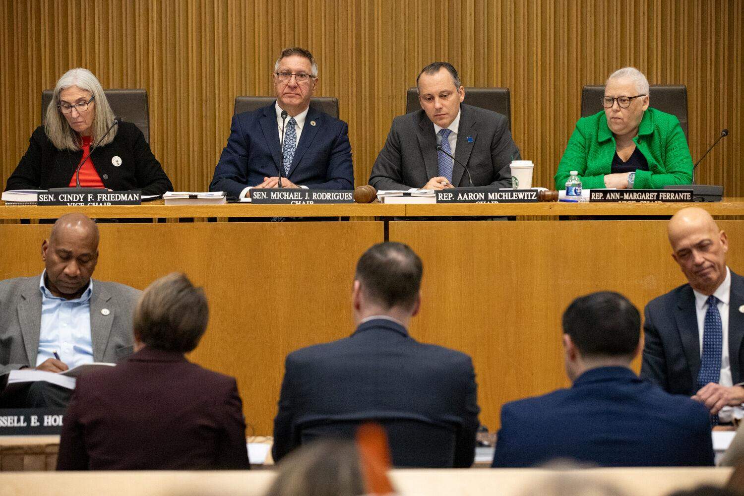 Members of the Joint Ways and Means Committee listen to testimony from Gov. Maura Healey on her fiscal 2025 budget proposal on Feb. 7, 2024. (SHNS)