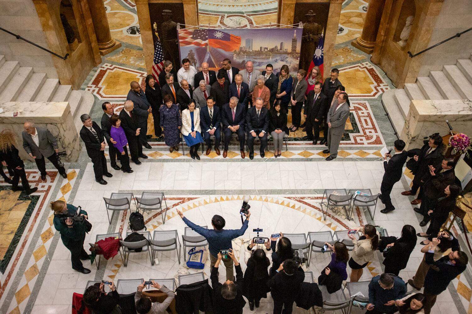 Lawmakers and representatives from Taiwan gather for a group picture at a reception in Nurses Hall to mark the 45th anniversary of the Taiwan Relations Act, April 4, 2024. (Sam Doran/SHNS)