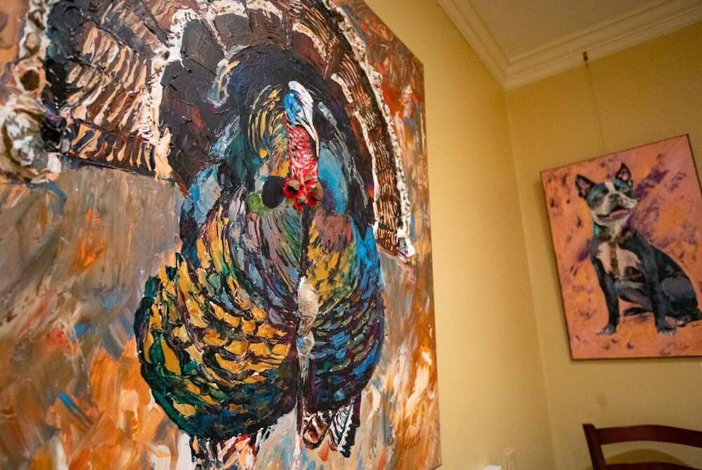 Artist Hollis Machala depicted a wild turkey, the state's official game bird, with a beard made of Roxbury puddingstone. (Sam Doran/SHNS).