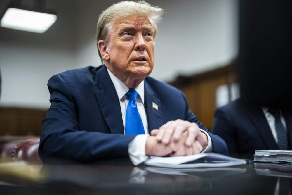 Former President Donald Trump appears at Manhattan criminal court during jury selection in New York, Thursday, April 18, 2024. (Jabin Botsford/The Washington Post via AP, Pool)