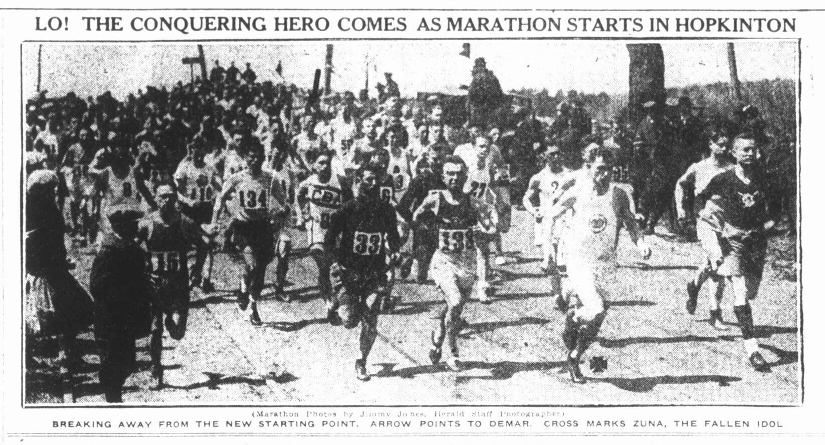 An image of runners racing away from the new Boston Marathon starting line in Hopkinton featured in the Boston Herald april 20, 1924. (Boston Public Library)
