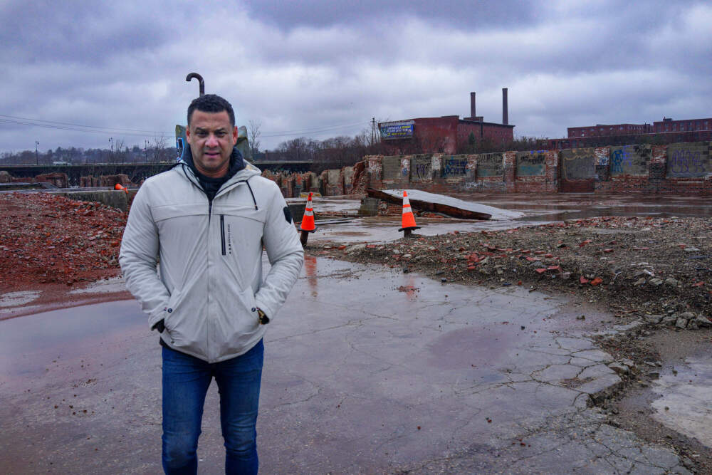 Lawrence City Councilor Jeovanny Rodriguez recently visited the Merrimack Paper mill site. (Simón Rios/WBUR)