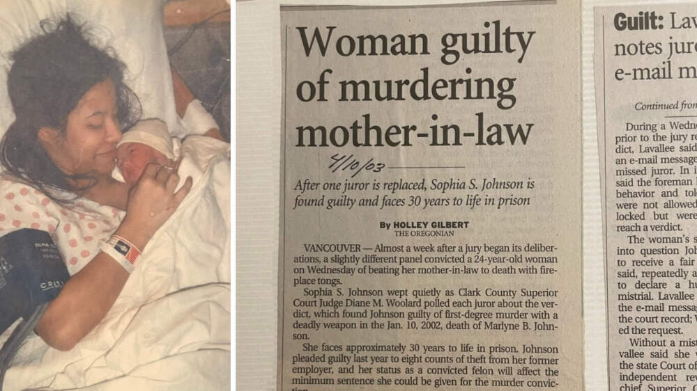 Sophia Johnson holds her son for the first and only time (left) (Photo courtesy of Sophia Johnson). One year later, Sophia is found guilty of murdering her mother-in-law (right). She is later sentenced to 43 years in prison. (Photo via Detective Rick Buckner's scrap book).