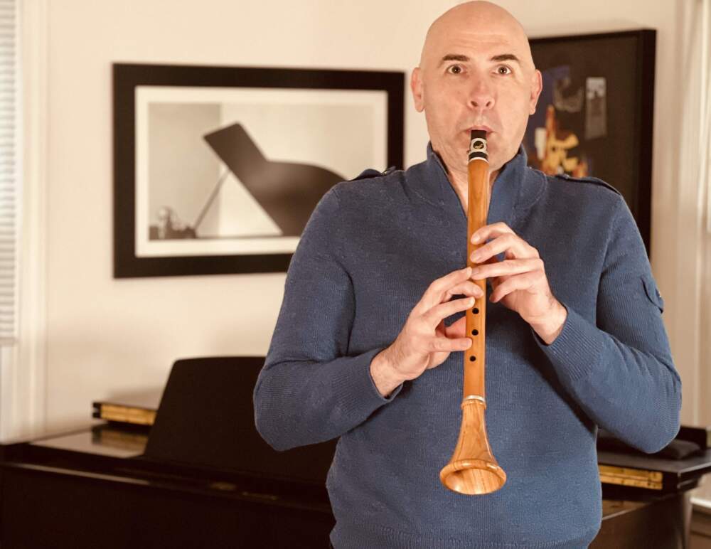 Eric Shimelons plays the chalumeau, a precursor to the modern-day clarinet. (Courtesy of Rebecca Sheir)