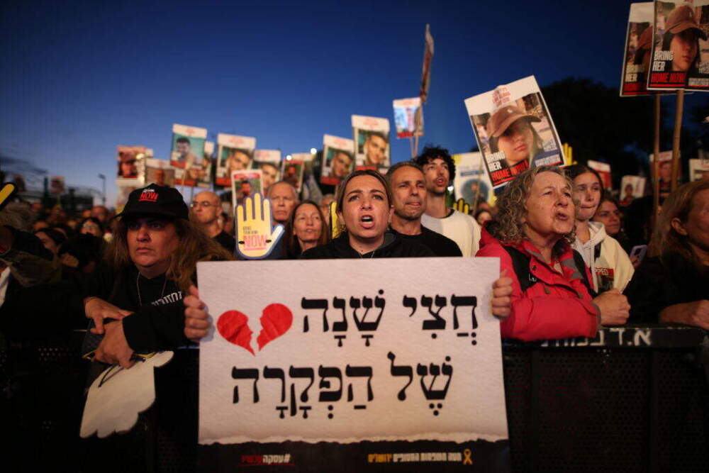 Israeli citizens demonstrate in front of Knesset (Israeli Parliament) as hundreds of people stage the protests against Prime Minister Benjamin Netanyahu's government, demanding the resignation of Prime Minister and the return of Israeli detainees in Jerusalem on April 07, 2024. During the ongoing demonstrations, anti-Netanyahu groups chanted anti-Prime Minister Netanyahu slogans. (Photo by Saeed Qaq/Anadolu via Getty Images)