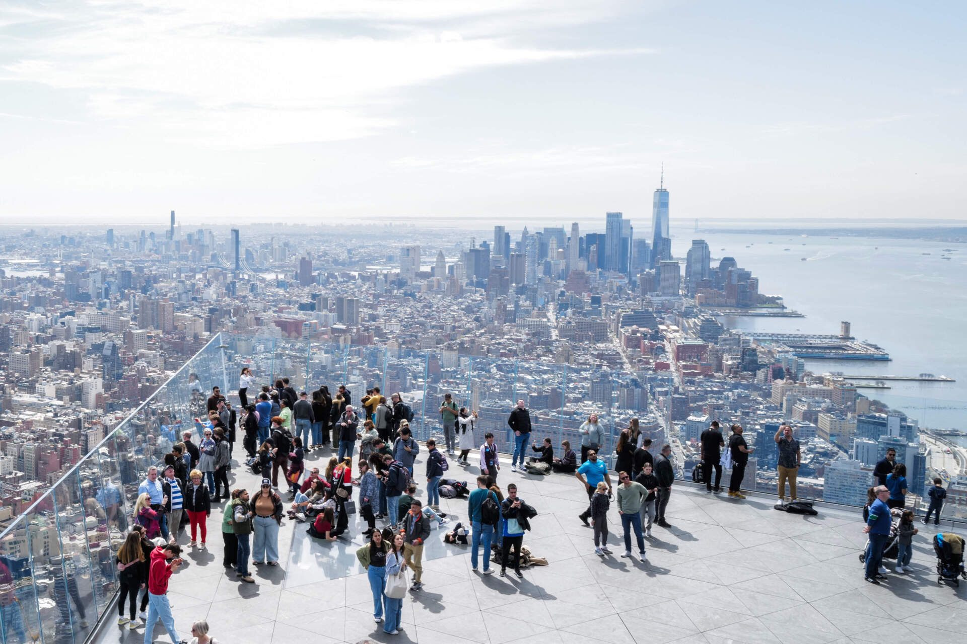 People gather on 'The Edge' observation deck ahead of a total solar eclipse across North America, in New York City on April 8, 2024. (Charly Triballeau/APF via Getty Images)