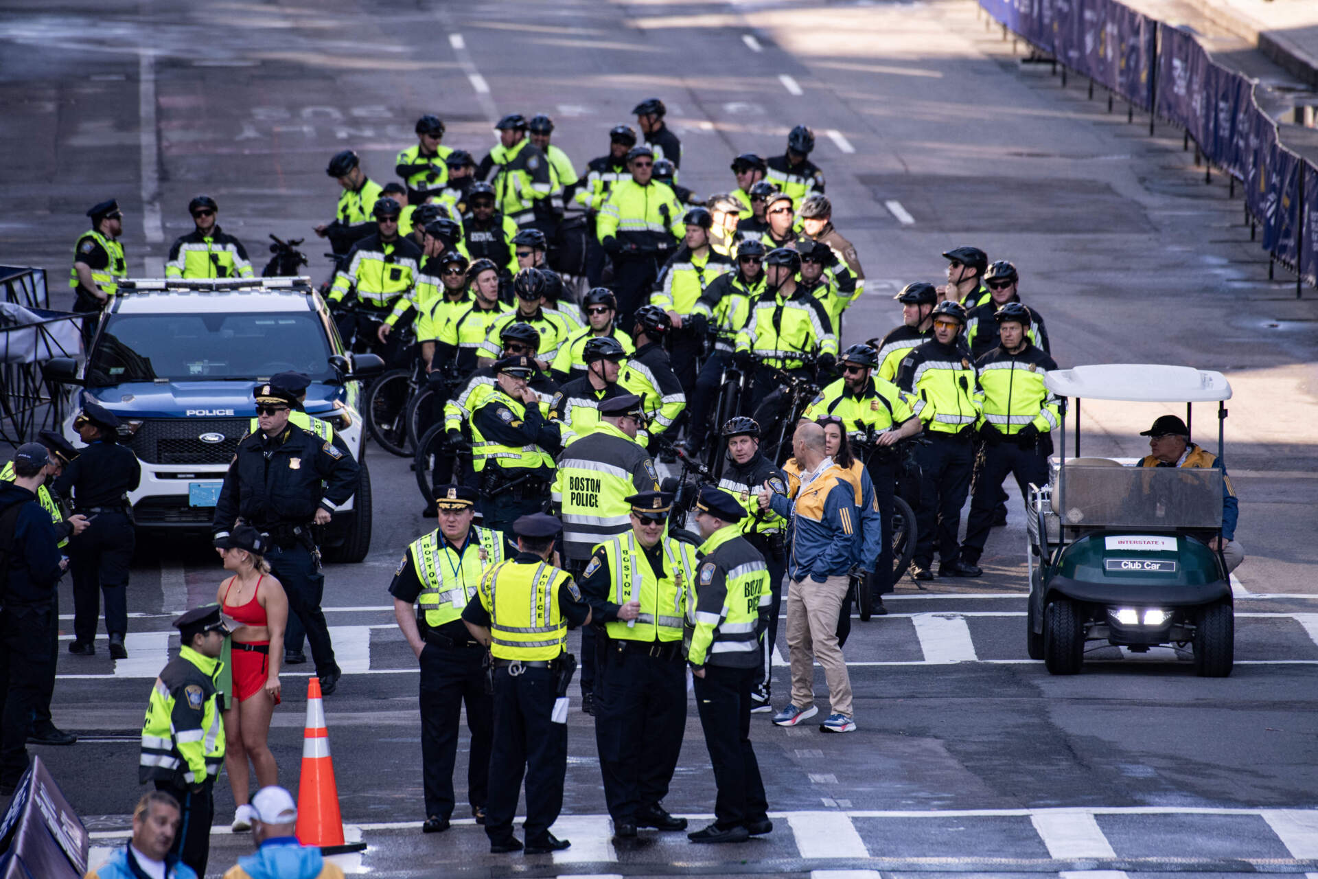 Police gather near the finish line just before the 128th Boston Marathon kicks off on April 15, 2024. The marathon includes around 30,000 athletes from 129 countries running the 26.2 miles from Hopkinton to Boston. (Joseph Prezioso/AFP via Getty Images)
